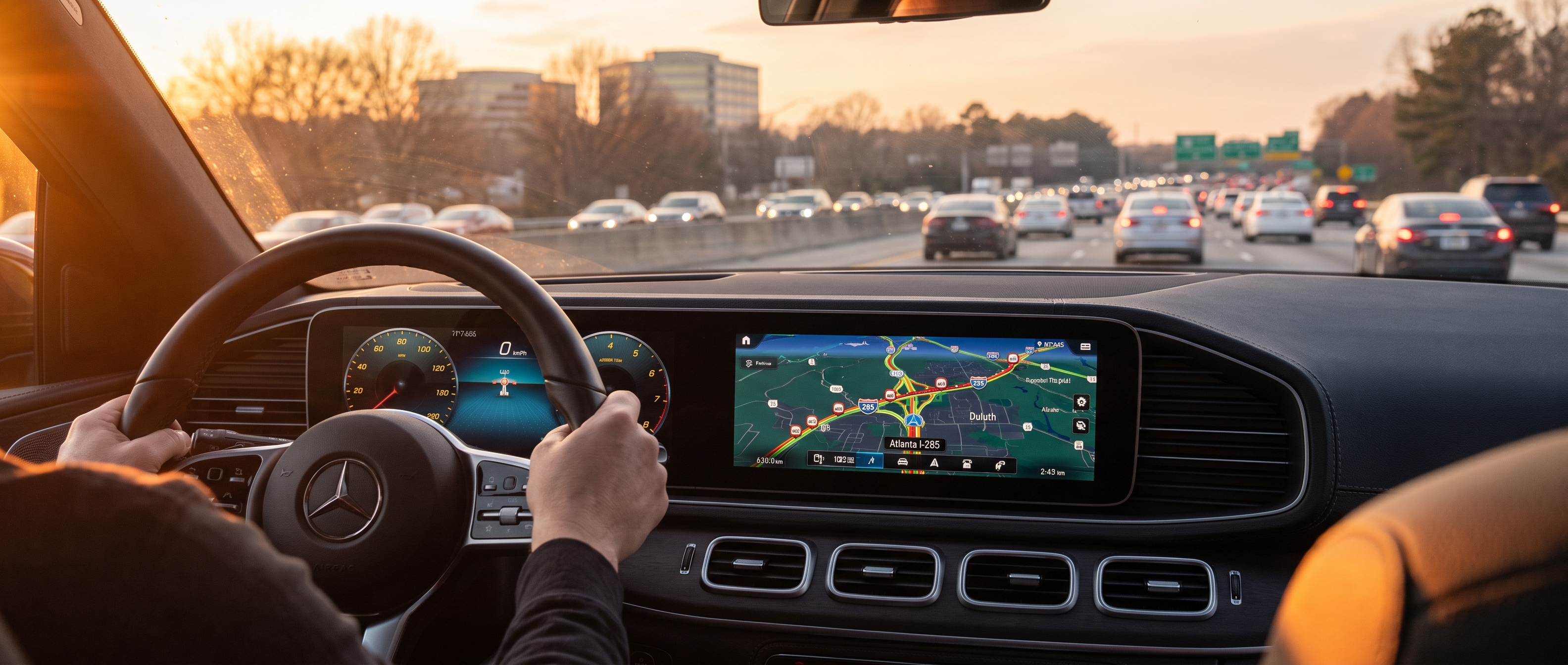 2026 Mercedes-Benz GLE MBUX navigation screen showing I-285 Atlanta traffic routing